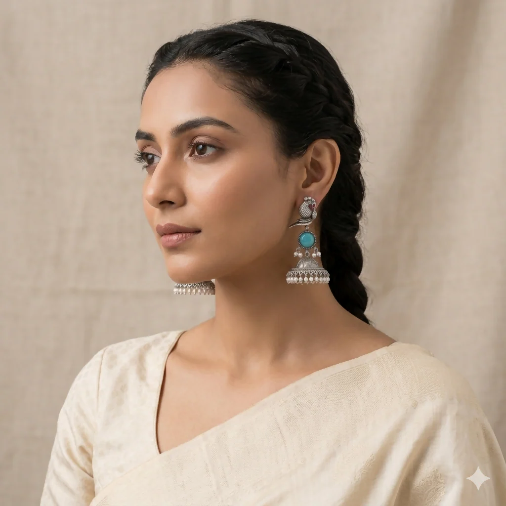 Peacock Jhumka Earrings – Traditional Silver with Blue & Pearl - Image 2