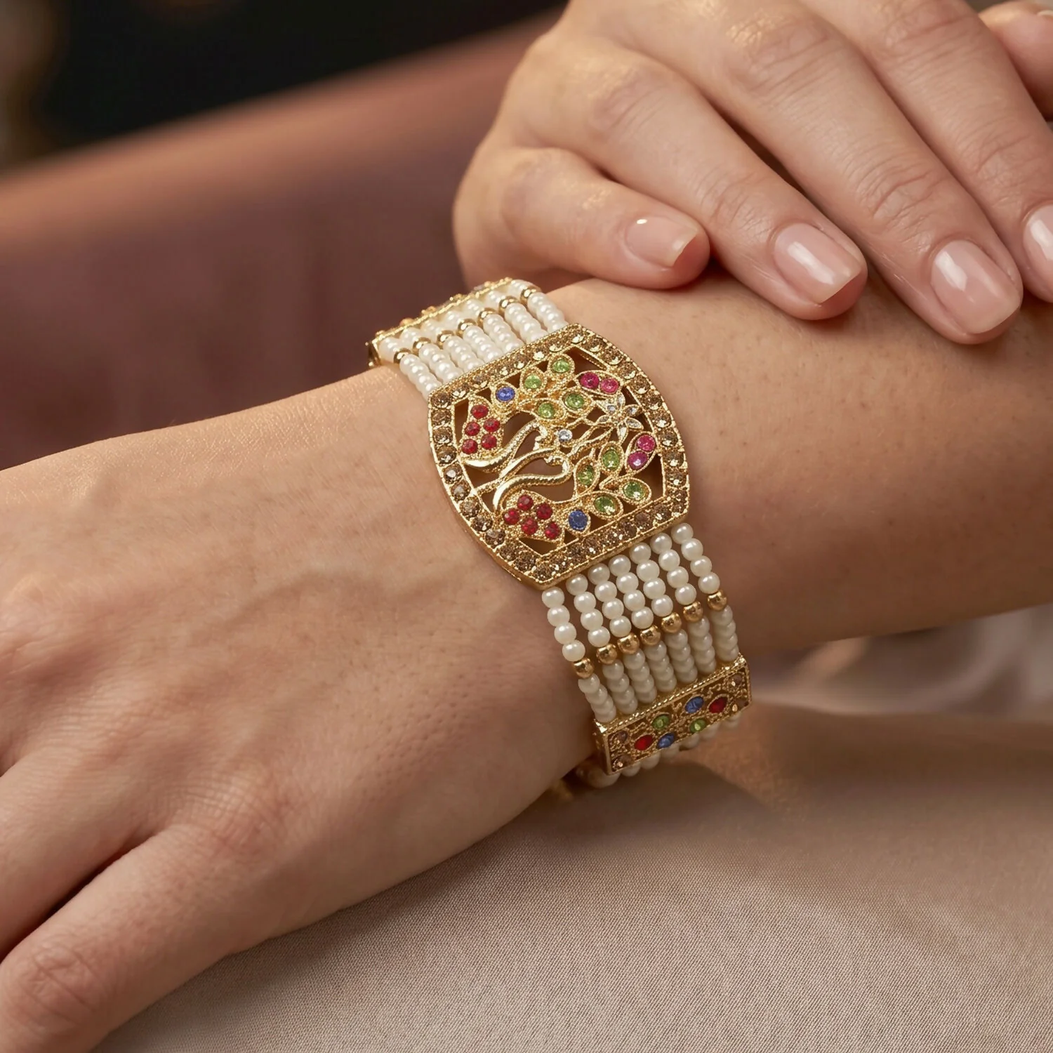 Pearl & Multi-Stone Bridal Bracelet – Elegant Floral Design for Weddings - Image 3