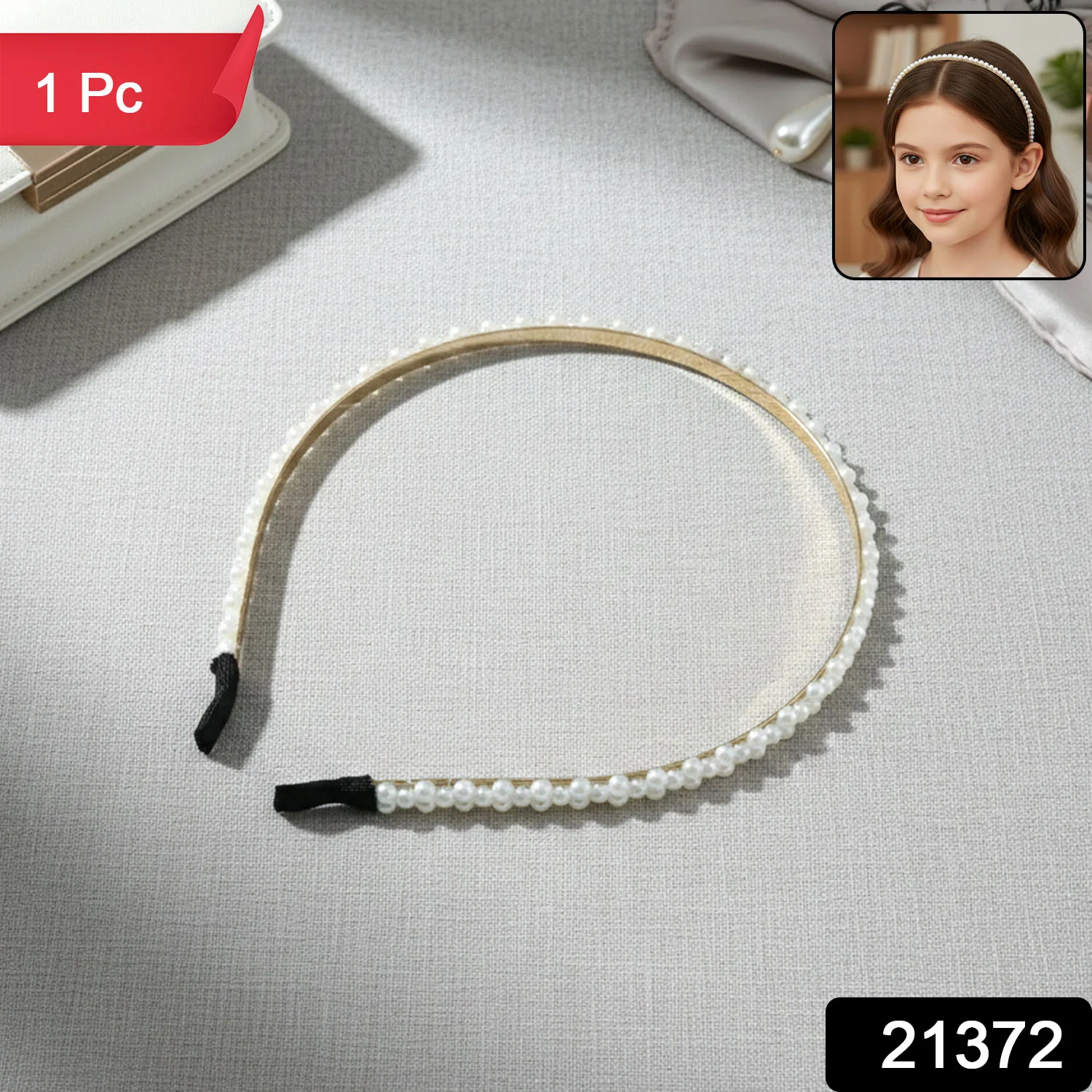 Pearl Beaded Hair Band – Elegant Slim Golden Metal Headband - Image 2