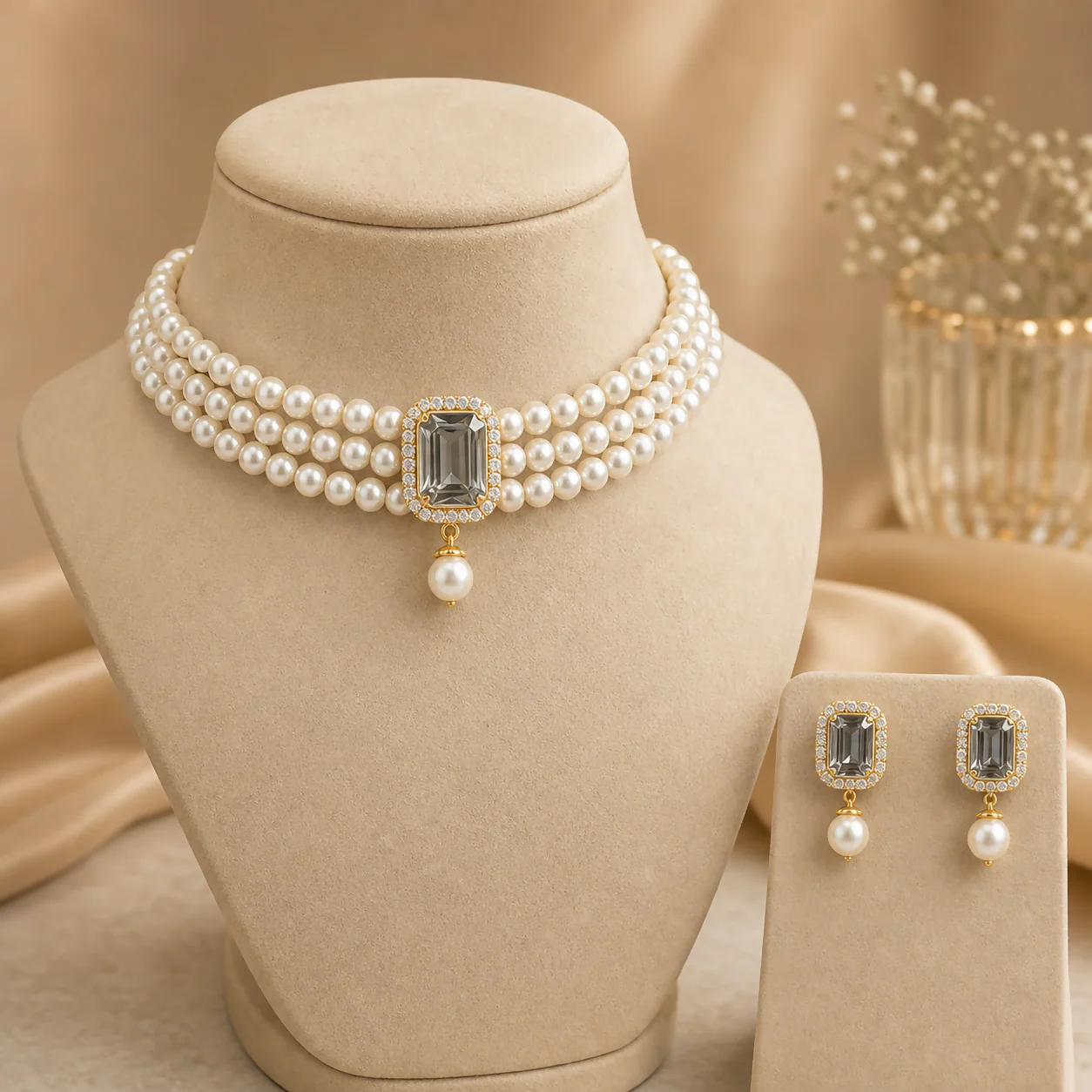 Elegant Pearl Choker Necklace Set with Black Stone Pendant & Stud Earrings - Image 7