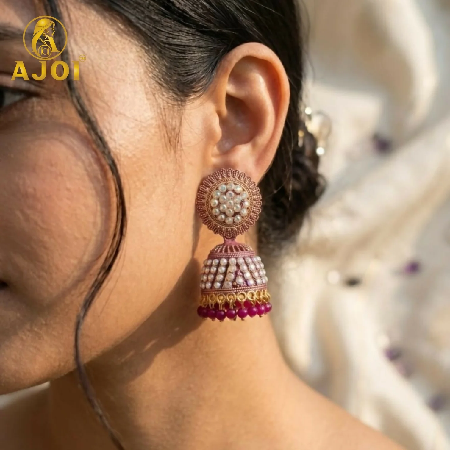 Elegant Pearl Studded Jhumka Earrings – Traditional Grace and Style - Image 2