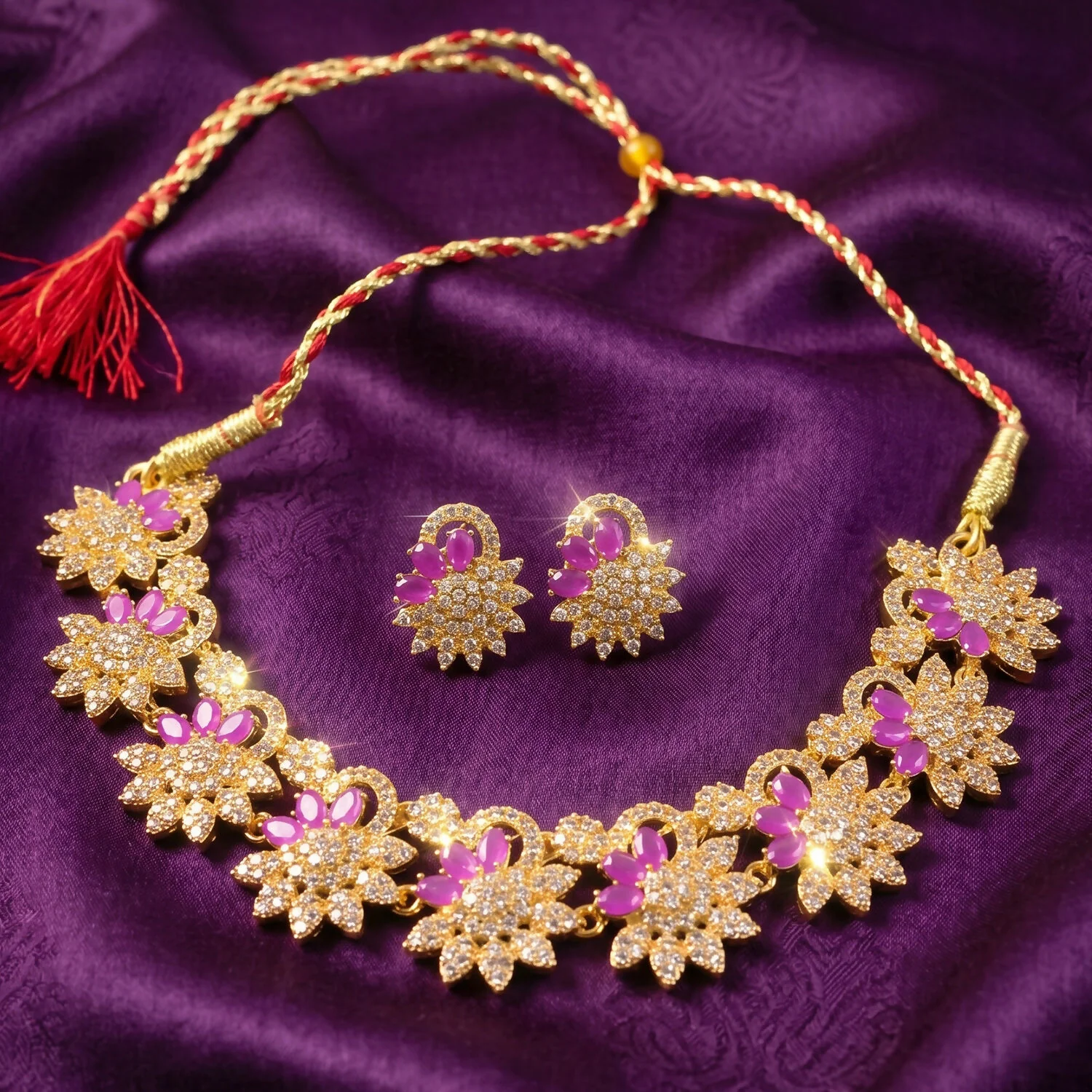 Pink Floral Necklace Set – Elegant Jewelry for Festive Occasions - Image 2