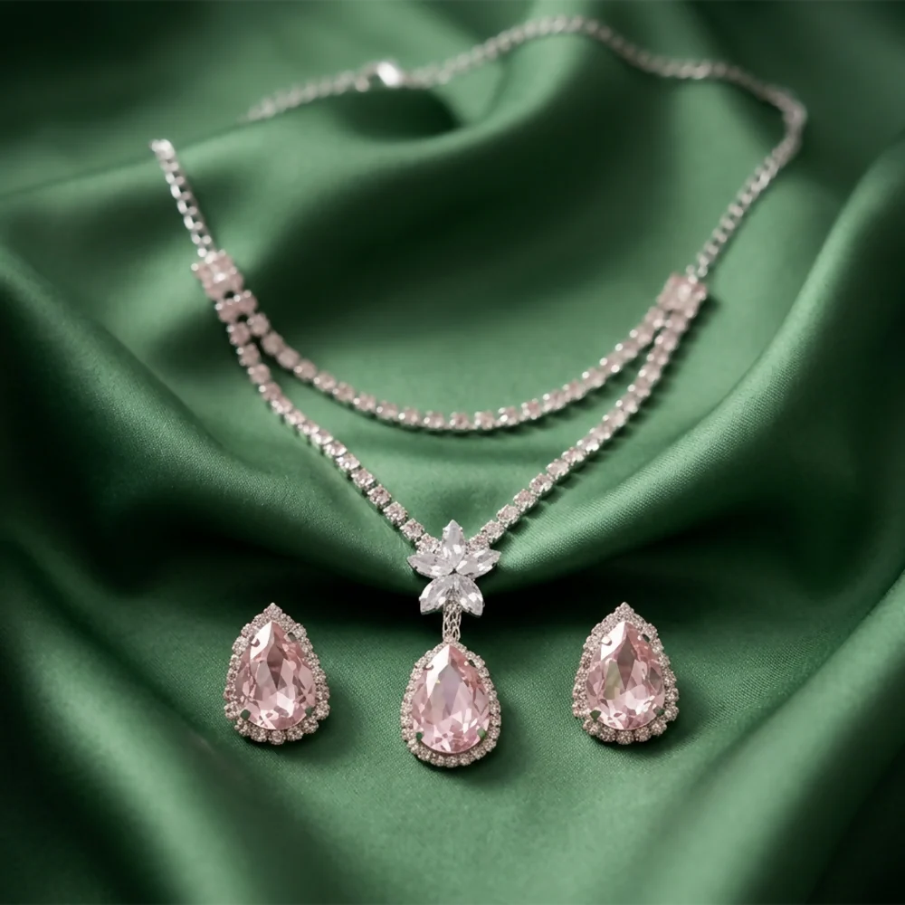 Elegant Pink Crystal Pendant Necklace Set with Matching Earrings for Women Party Wear