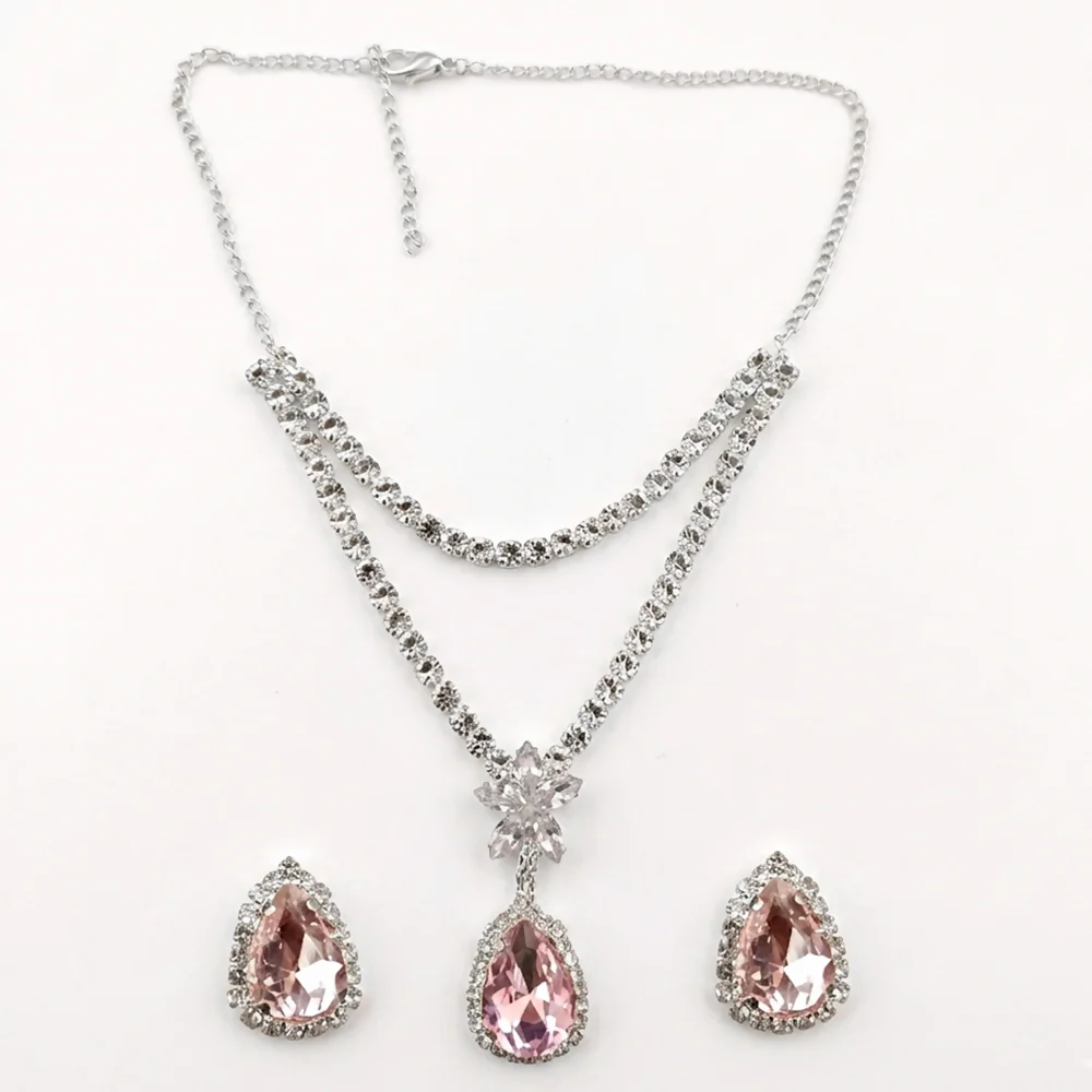Elegant Pink Crystal Pendant Necklace Set with Matching Earrings for Women Party Wear - Image 3