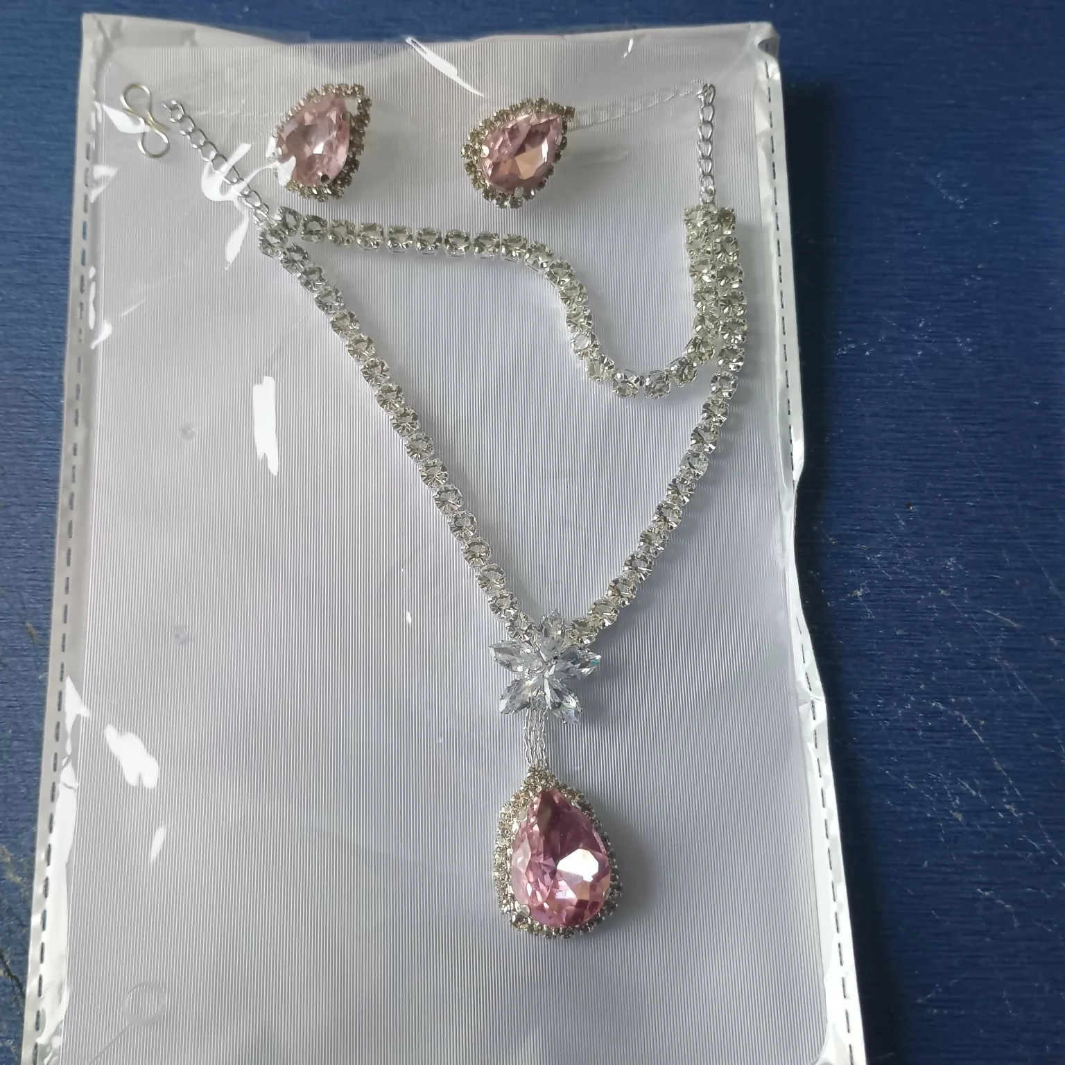 Elegant Pink Crystal Pendant Necklace Set with Matching Earrings for Women Party Wear - Image 4