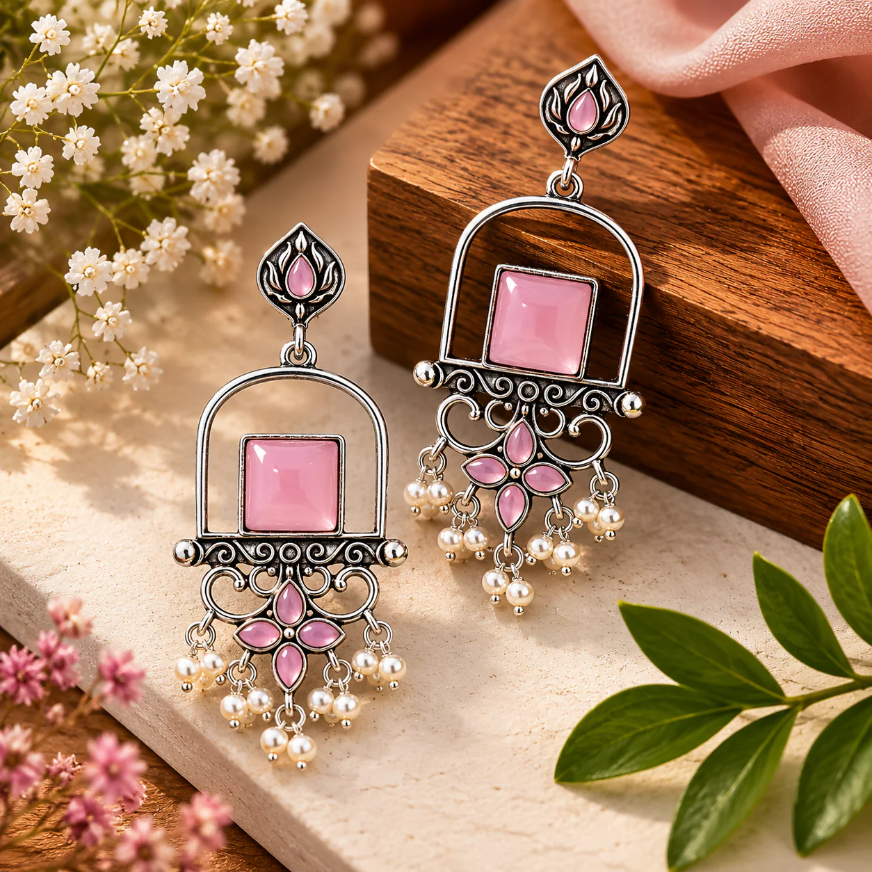 Elegant Pink Stone Earrings – Traditional Design with Pearl Accents