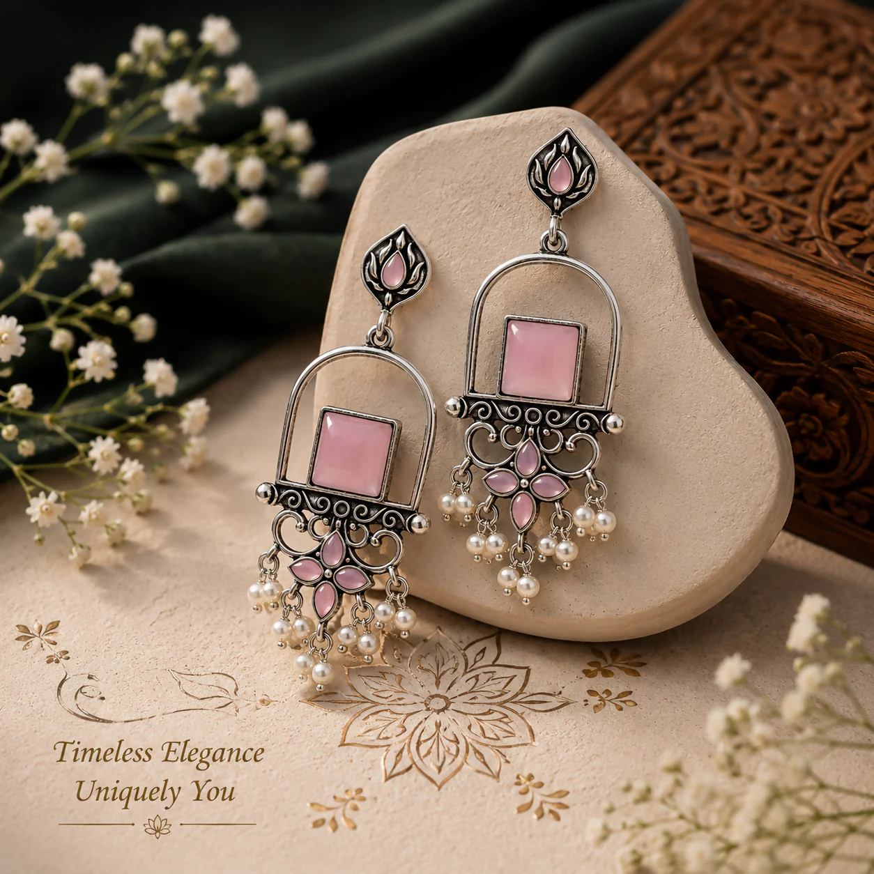 Elegant Pink Stone Earrings – Traditional Design with Pearl Accents - Image 2