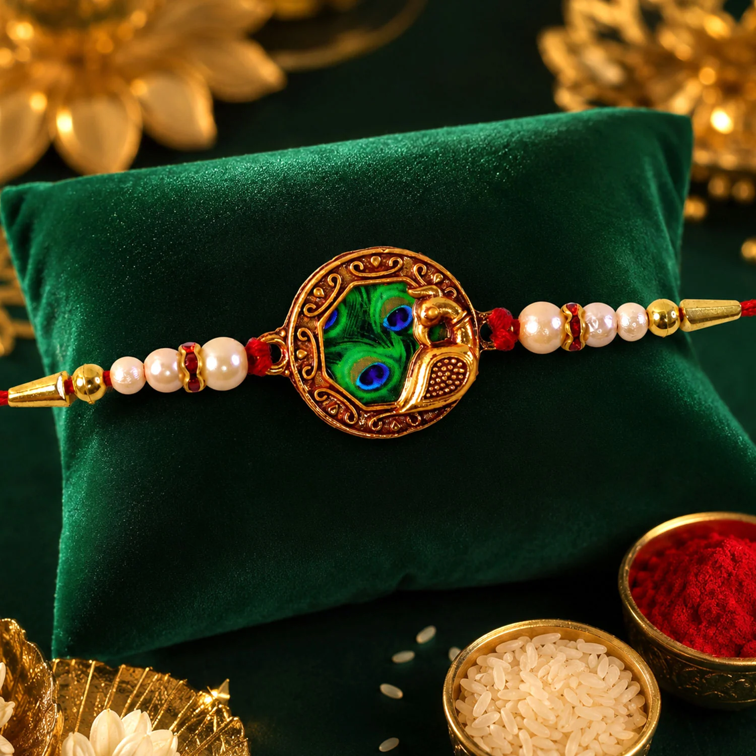 Shop Peacock Feather Rakhi with Pearl Bead Accents Red Thread - Image 6