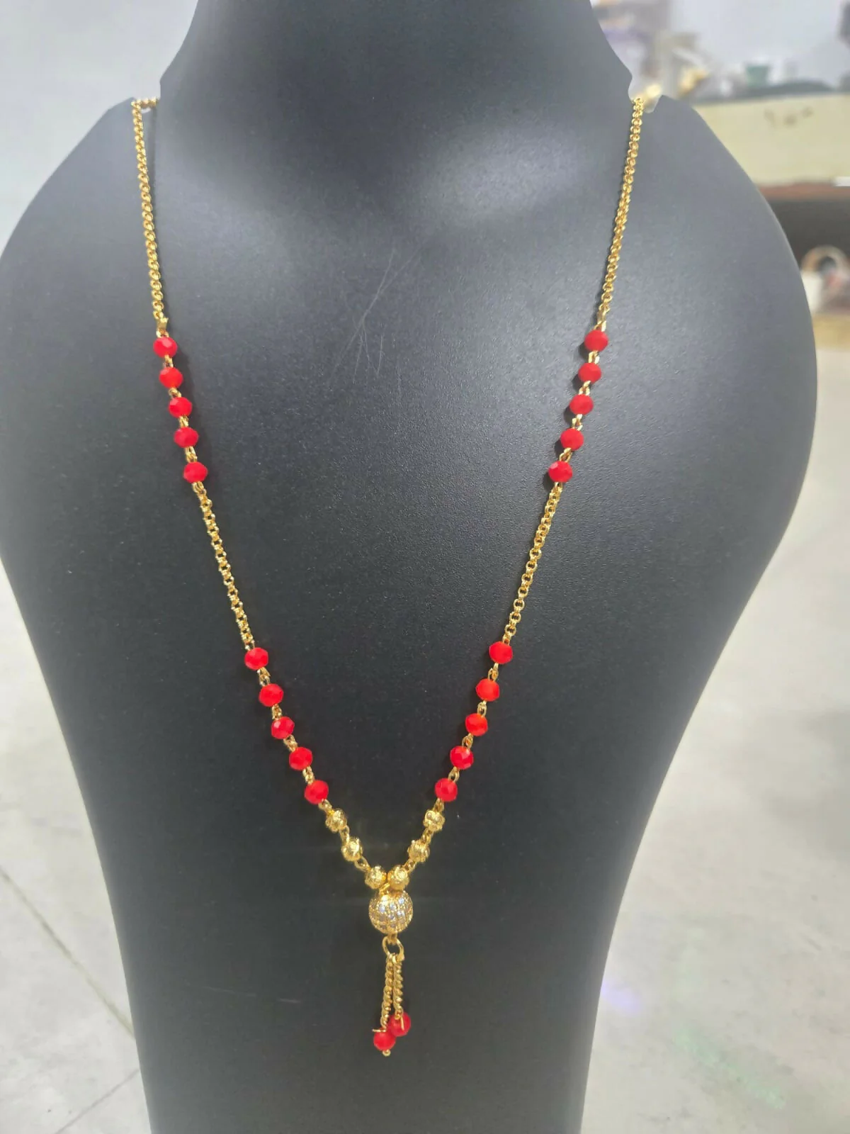 Elegant Red Bead Mangalsutra Necklace with Gold-Tone Pendant for Women - Image 4