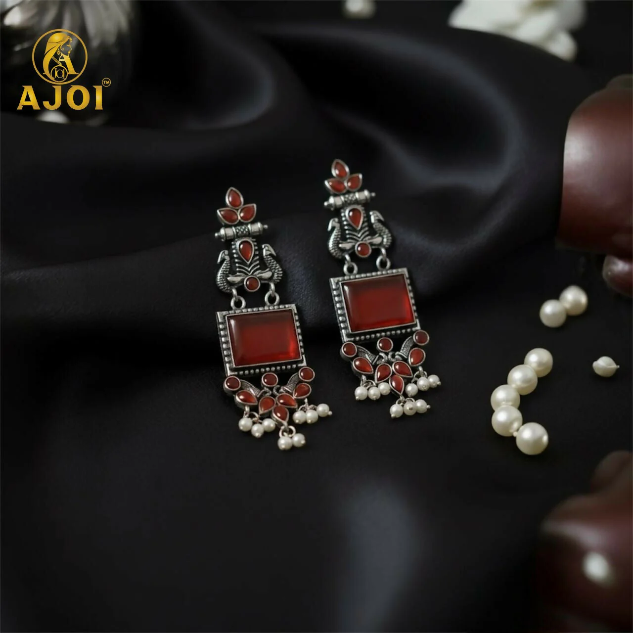 Red Stone Oxidised Silver Earrings – Elegant Pearl Danglers