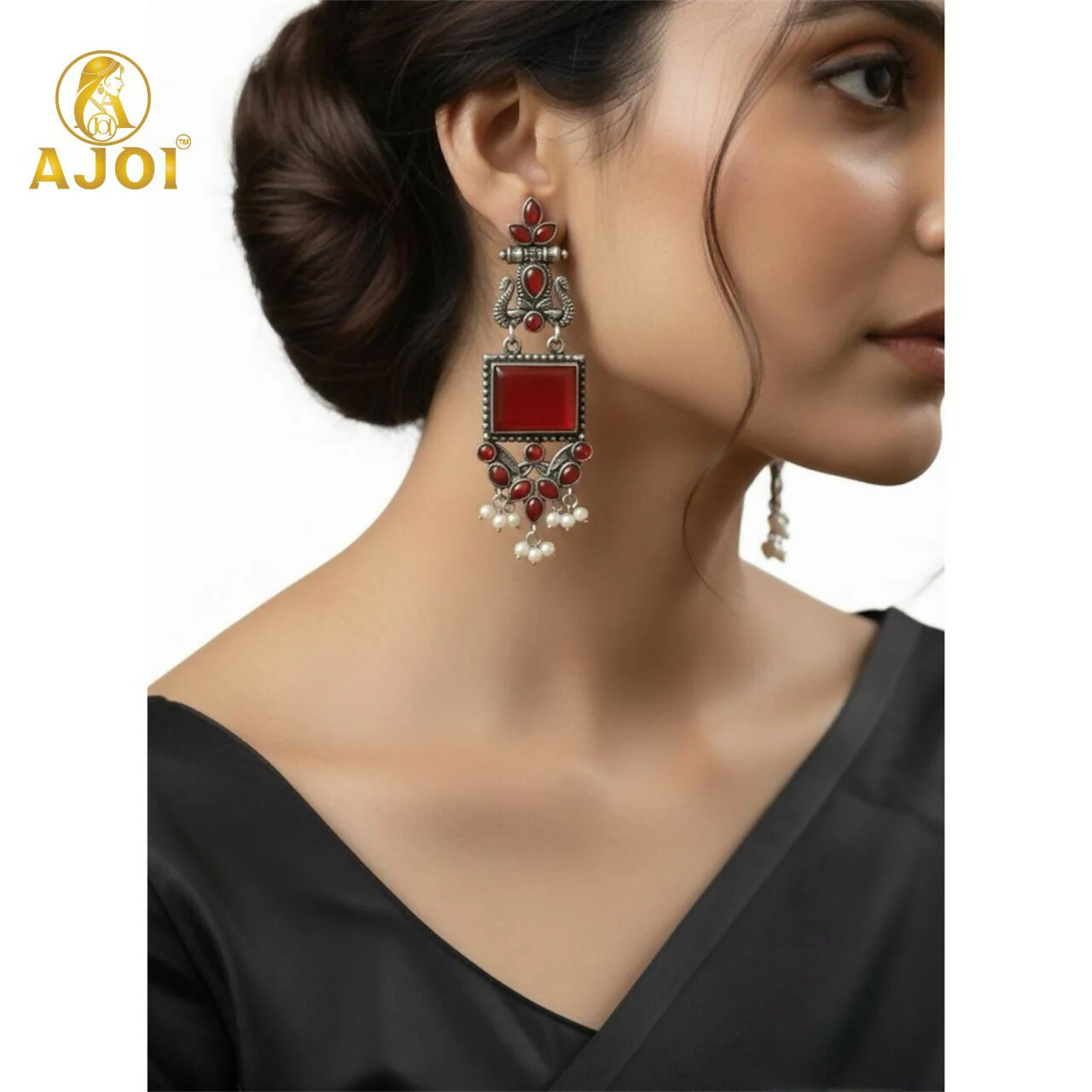 Red Stone Oxidised Silver Earrings – Elegant Pearl Danglers - Image 3