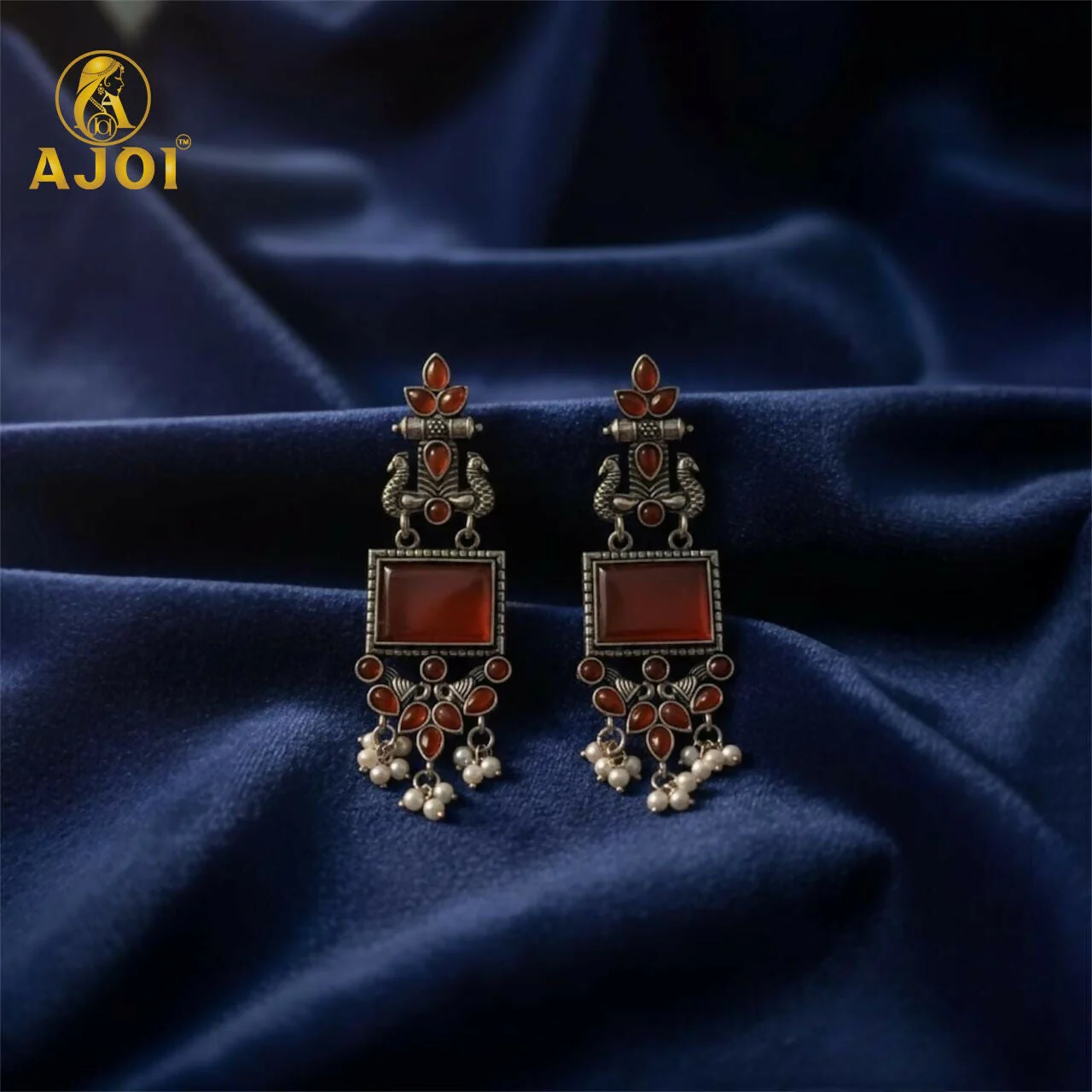 Red Stone Oxidised Silver Earrings – Elegant Pearl Danglers - Image 4