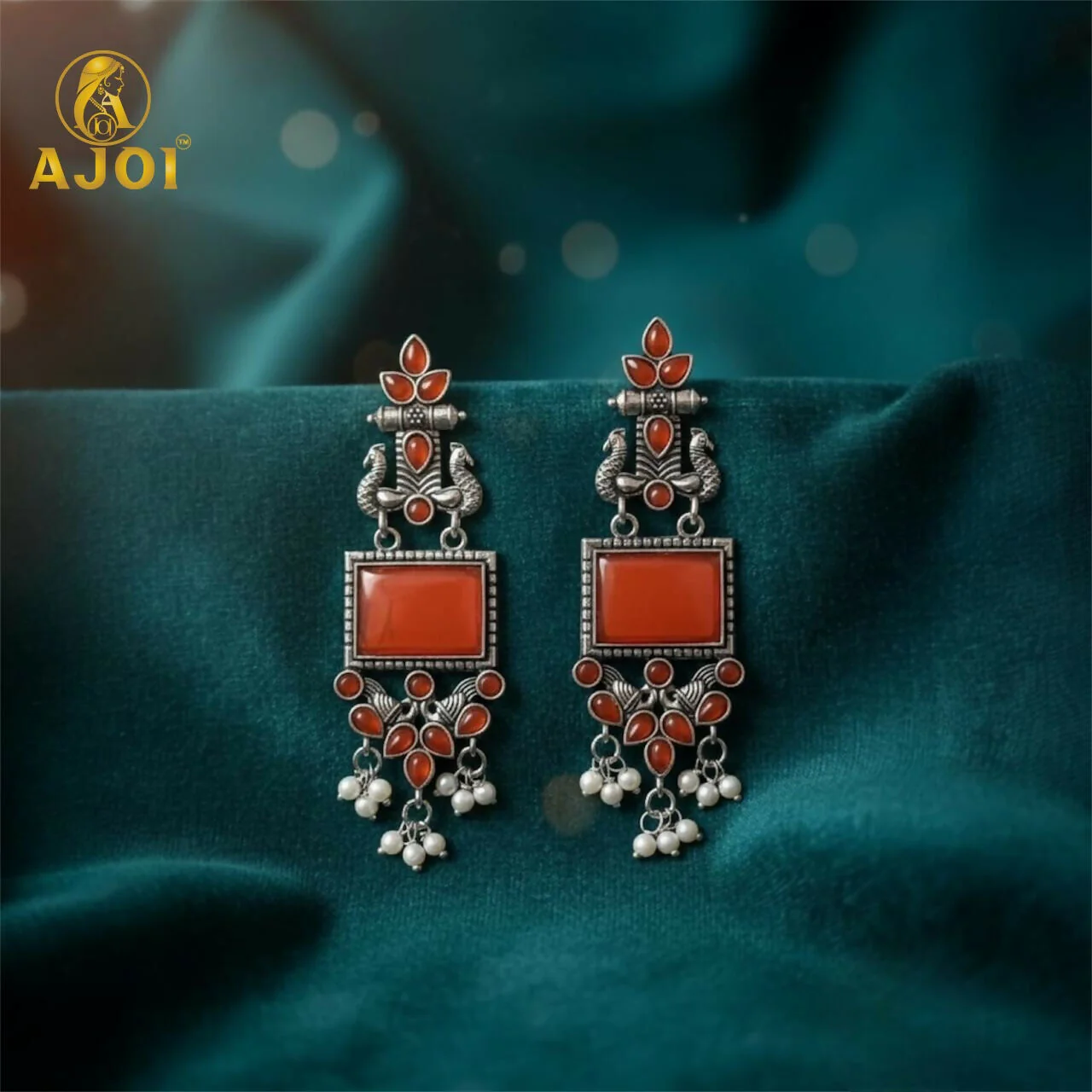 Red Stone Oxidised Silver Earrings – Elegant Pearl Danglers - Image 5