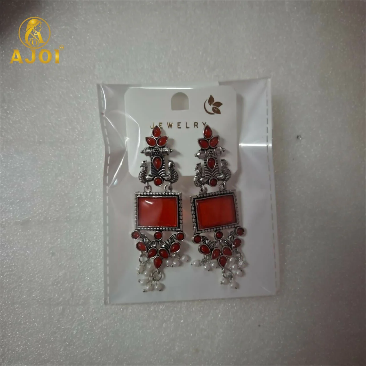 Red Stone Oxidised Silver Earrings – Elegant Pearl Danglers - Image 6