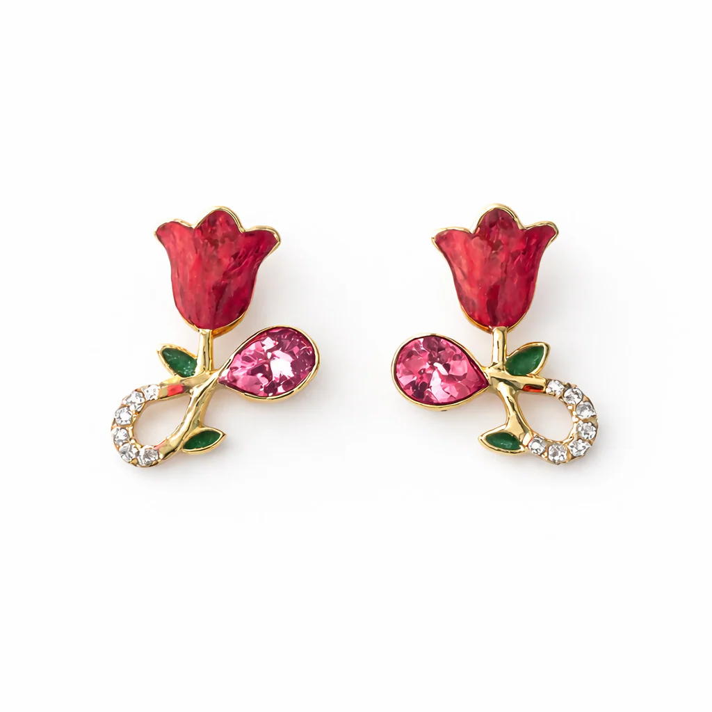 Gold Plated Rose Floral Crystal Stud Earrings – Elegant & Stylish - Image 4