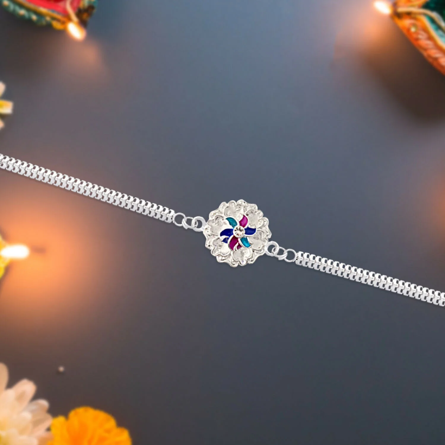Silver Floral Rakhi – Premium Enamel Dual Chain | Periapt Rakhi - Image 4