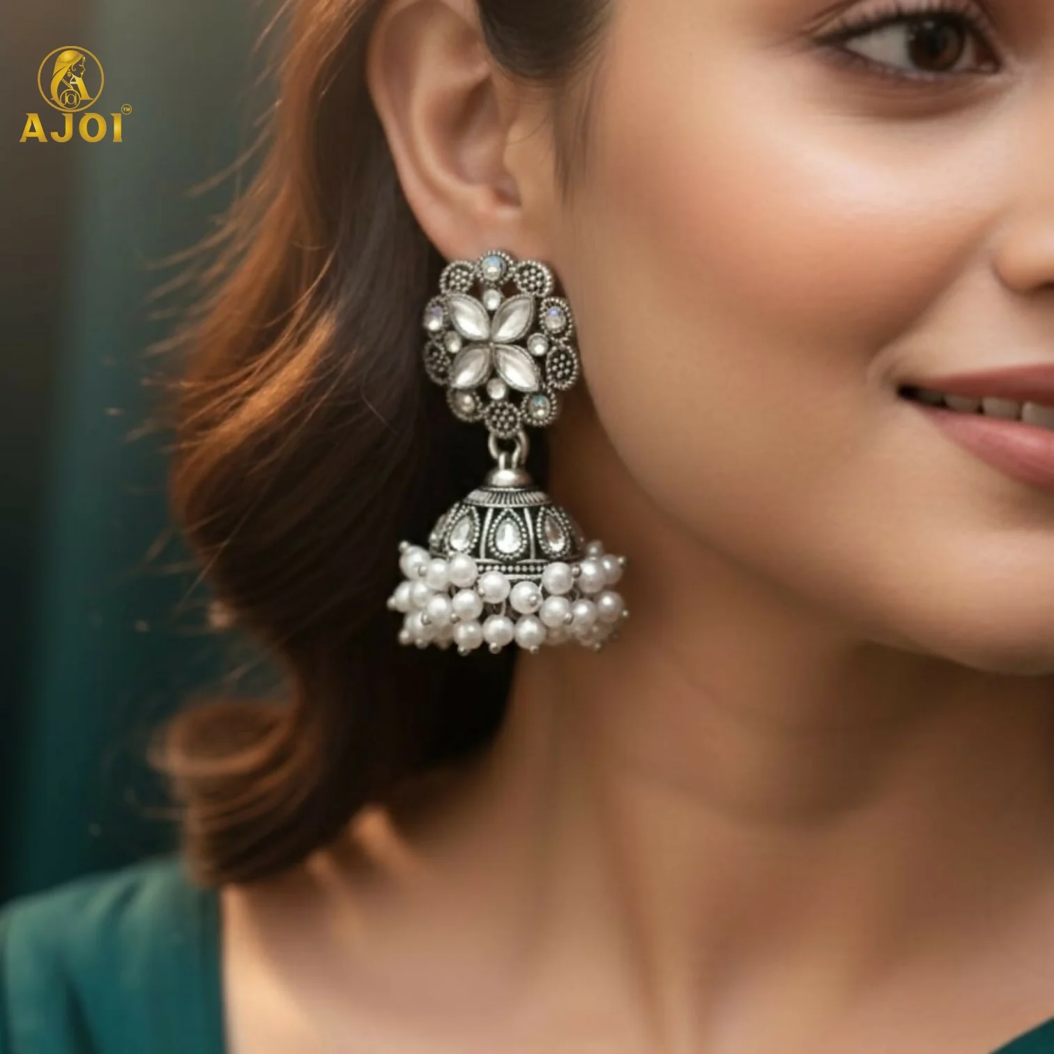 Silver Oxidized Floral Jhumka Earrings – Elegant Pearl Drops Design - Image 2