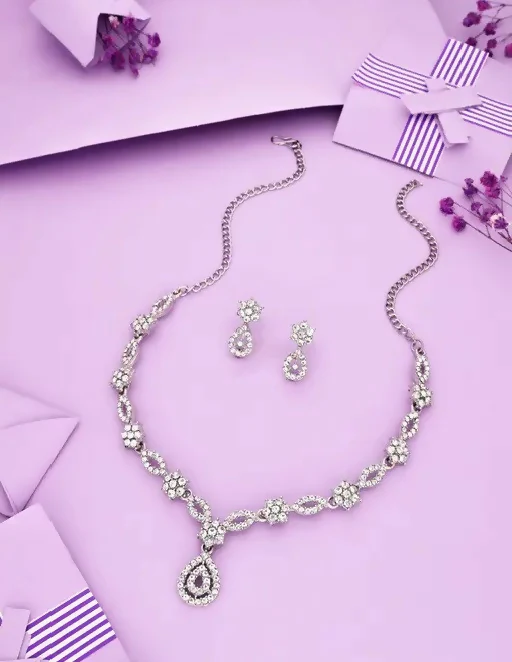American Diamond Jewellery Set – Silver-Toned Elegant Sparkle - Image 3