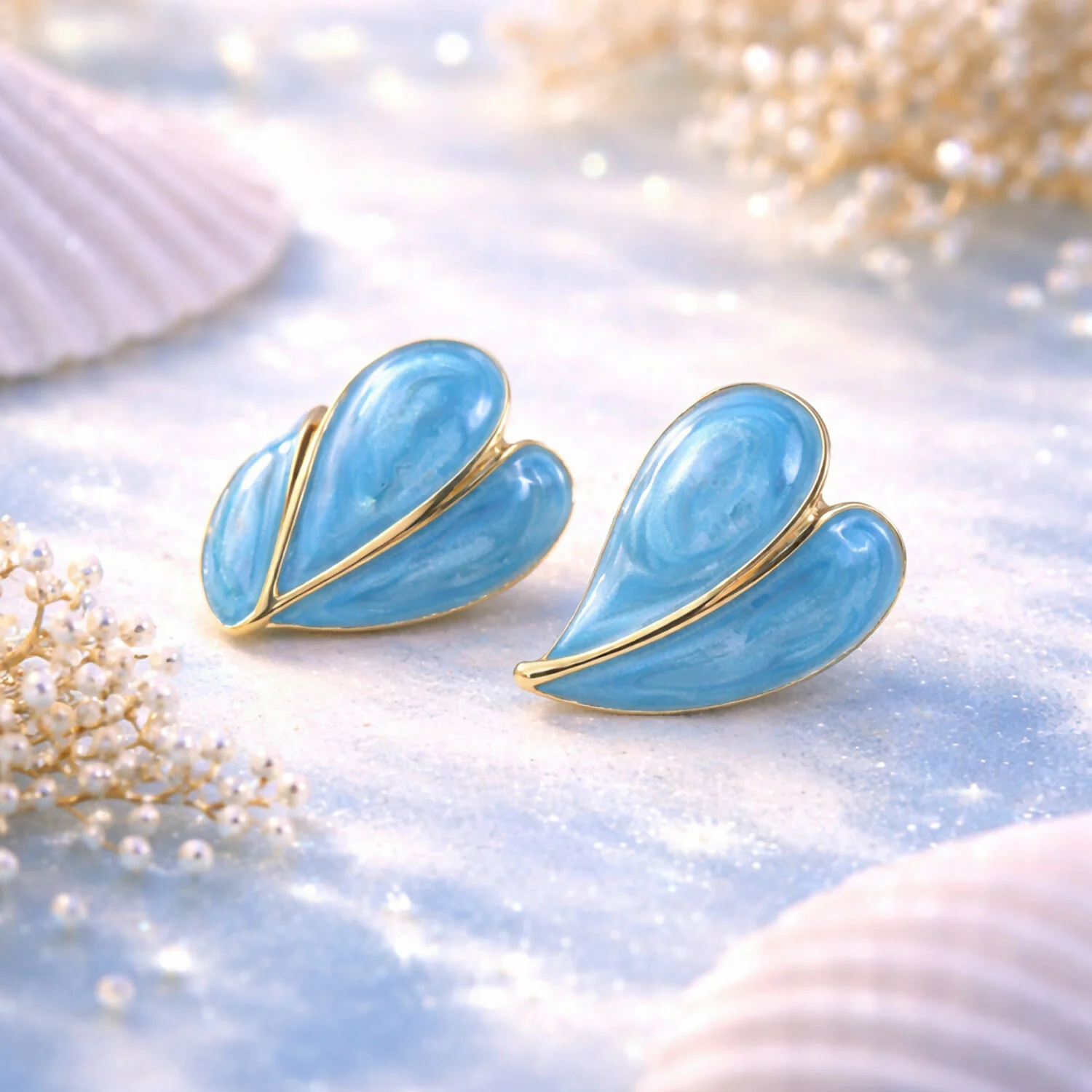 Stud Earrings – Elegant Sky Blue Leaf Design with Gold Finish - Image 3