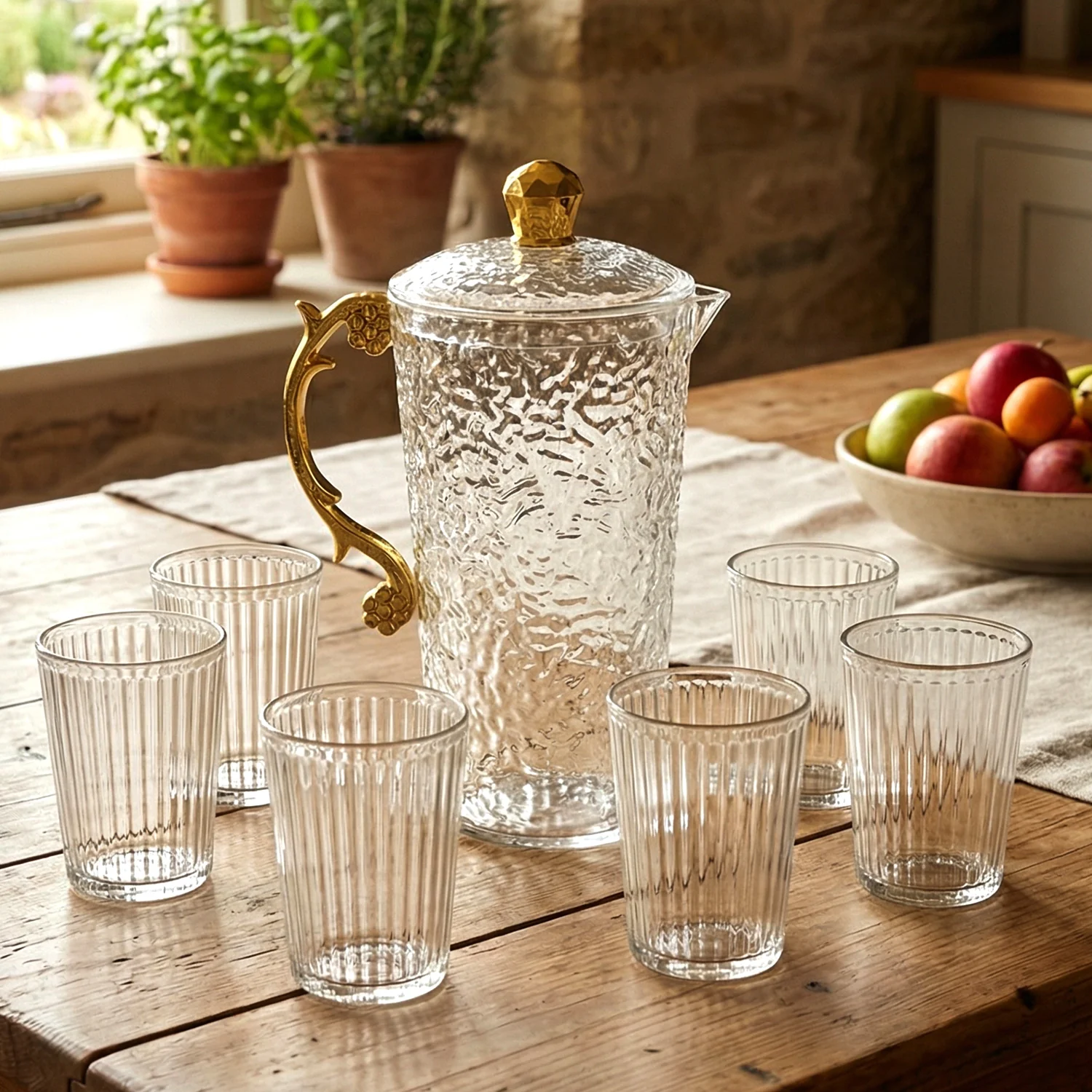 Textured Glass Water Jug Set – Elegant 1 Jug with 6 Glasses - Image 4