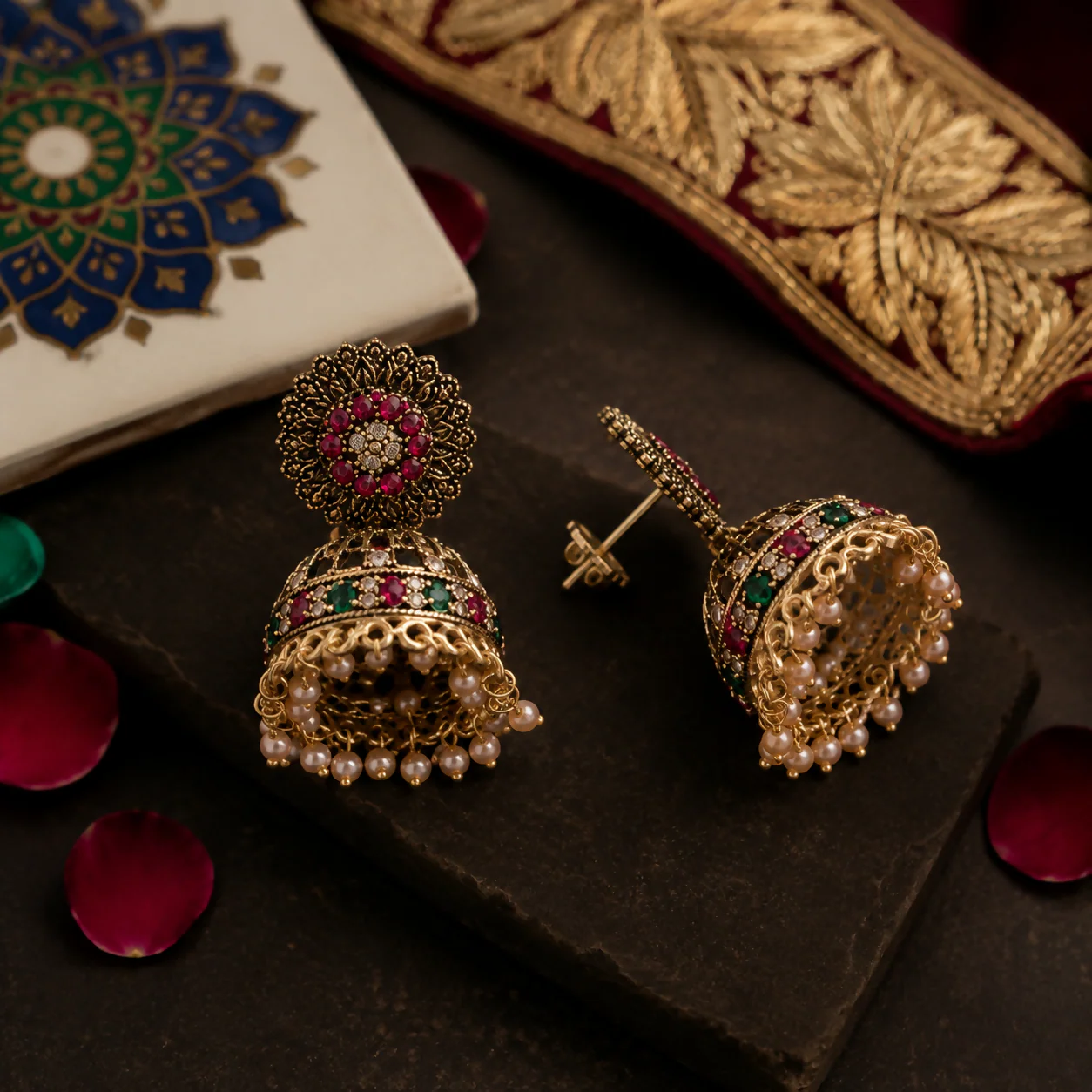 Gold Plated Jhumka Earrings – Elegant Pearl Drop Accessory - Image 3