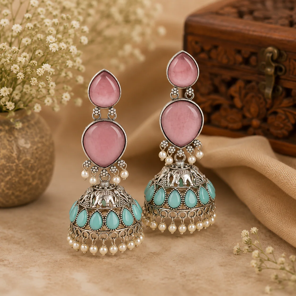 Traditional Jhumka Earrings – Elegant Pink Stones & Pearl Drops - Image 2