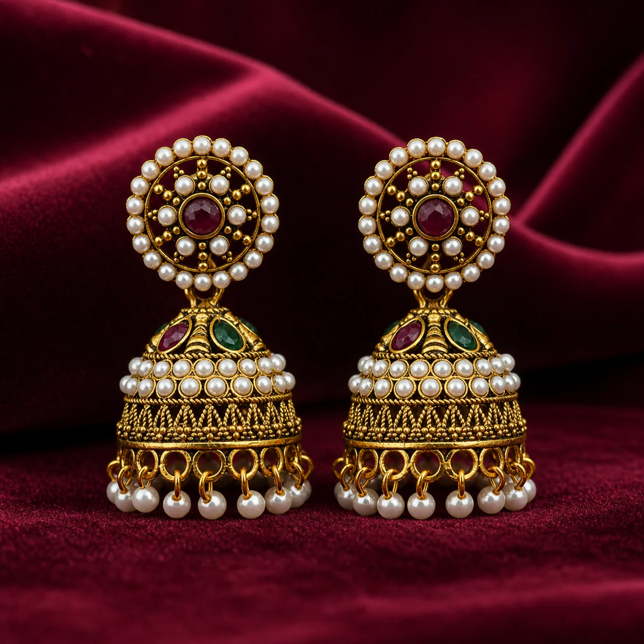 Elegant Traditional Pearl & Stone Embellished Jhumkas