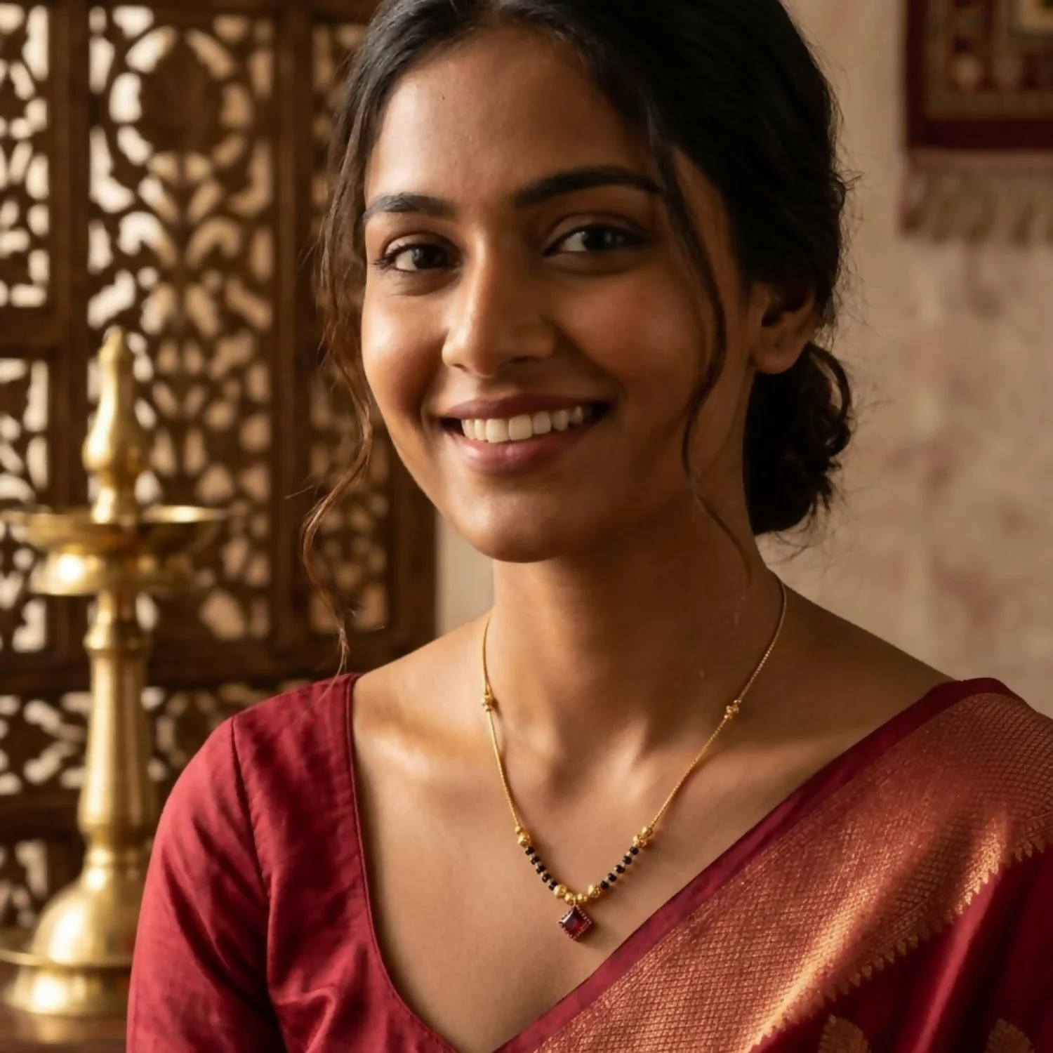 Elegant Traditional Portrait of a Smiling Woman in Warm Festive Attire - Image 3