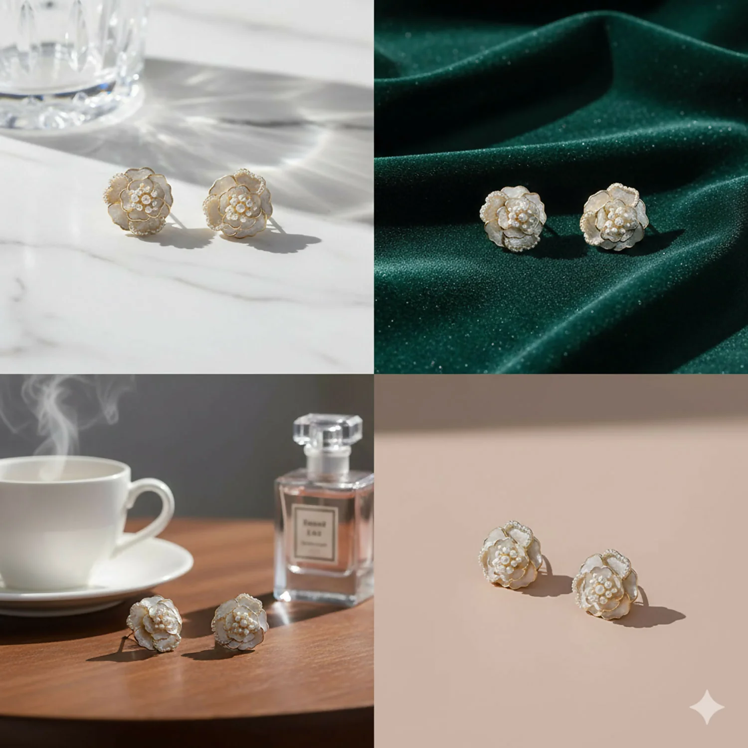 White Camellia Flower Stud Earrings – Elegant Micro-Pearl Accents - Image 5