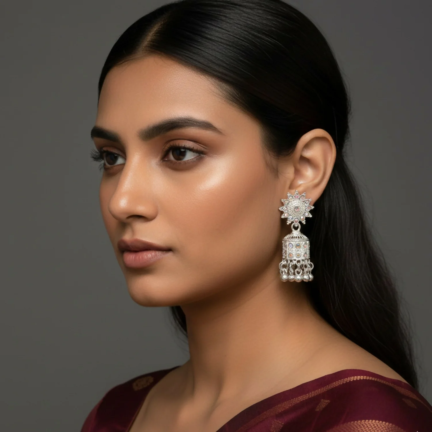 White Gold Look Jhumka Earrings – Elegant Lightweight Design - Image 2