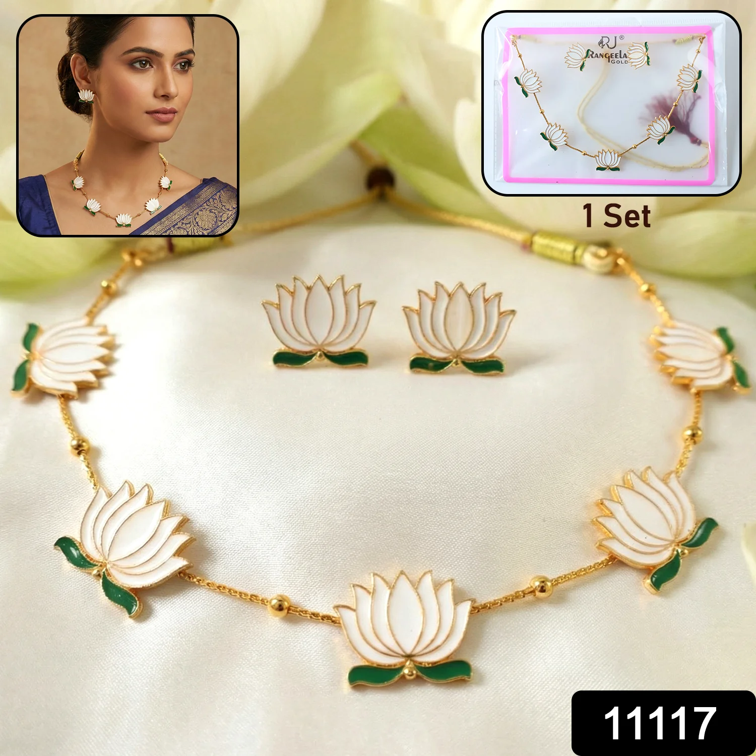 White Lotus Necklace Set – Adjustable Thread Traditional Jewellery - Image 2
