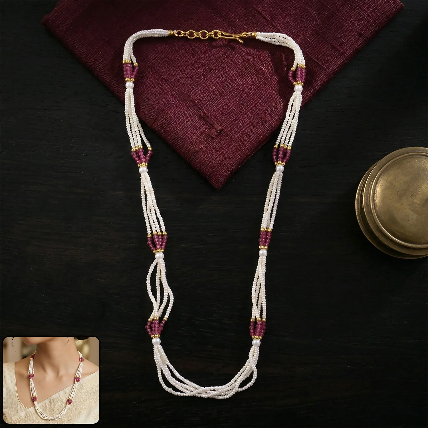 Beaded Mala Necklace – Elegant Multi-Strand with Pink Accents