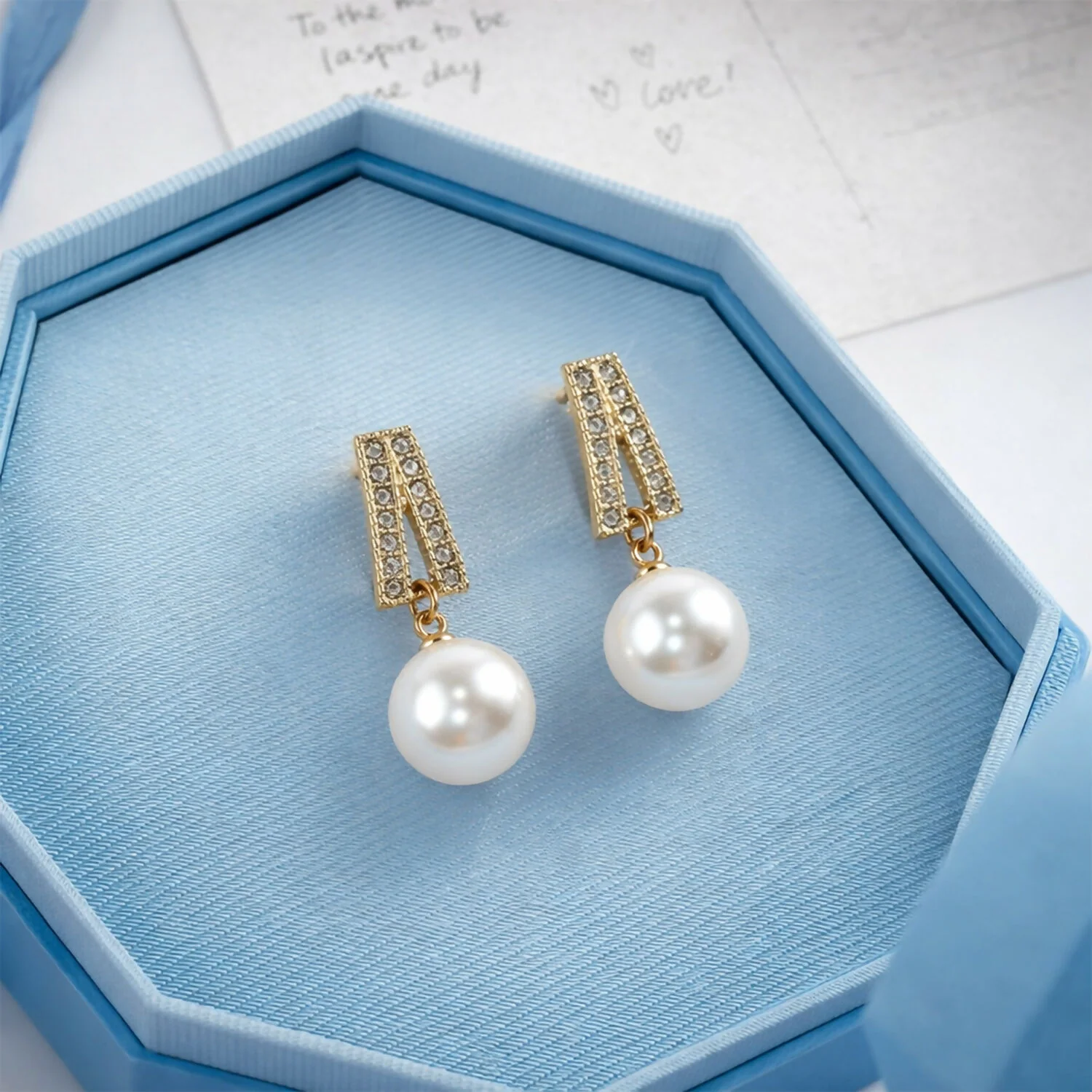 White Pearl Drop Earrings – Gold Plated Crystal Studs