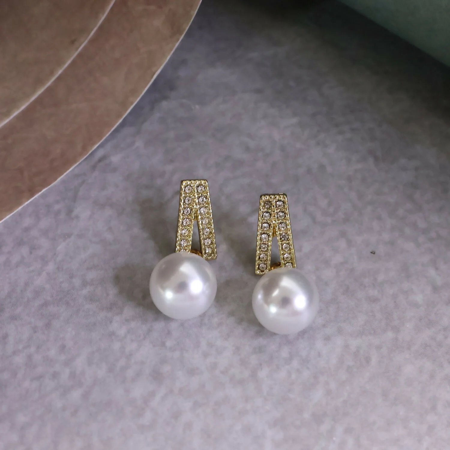 White Pearl Drop Earrings – Gold Plated Crystal Studs - Image 2