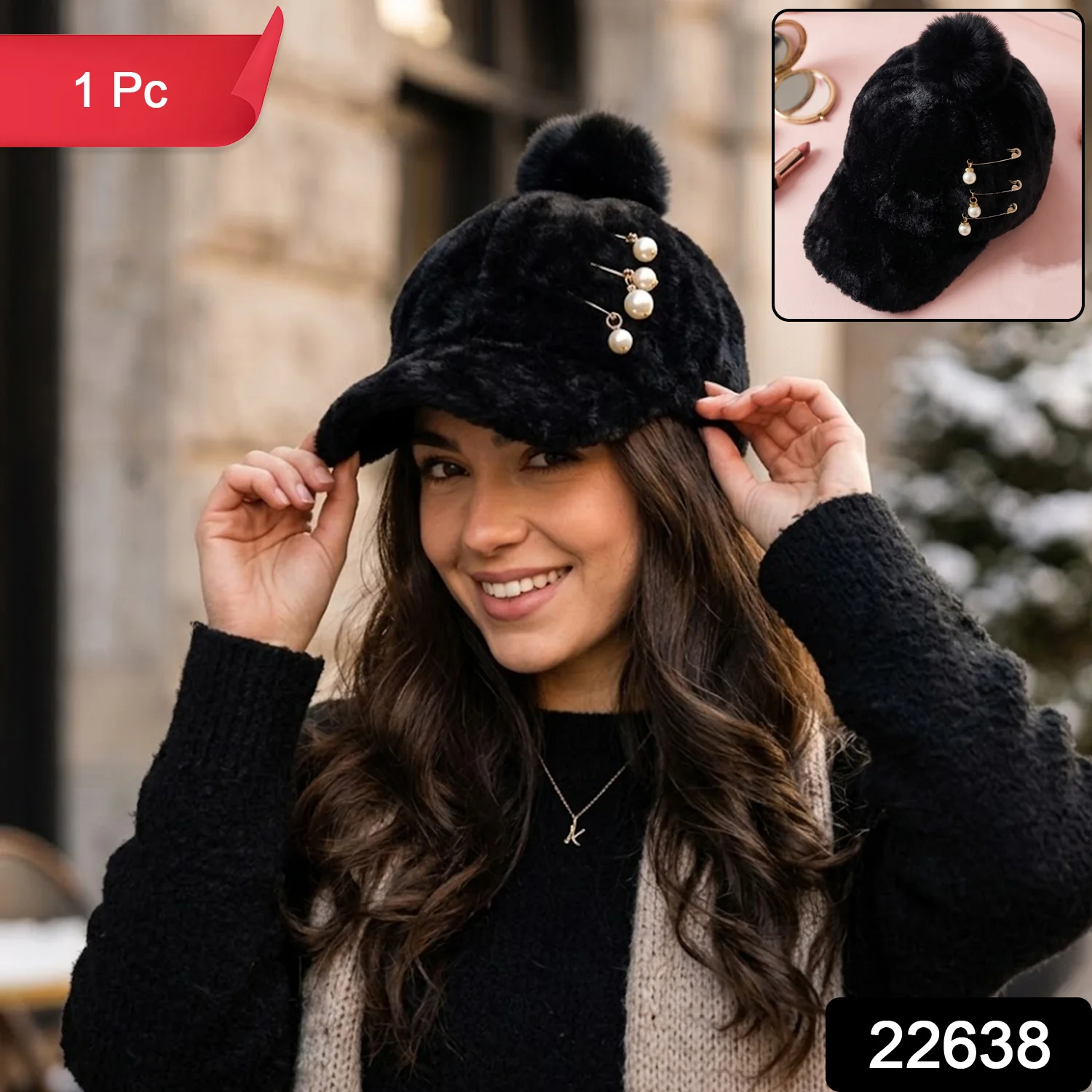 Winter Fur Cap for Women – Stylish & Cozy Warmth with Pom Pom - Image 2