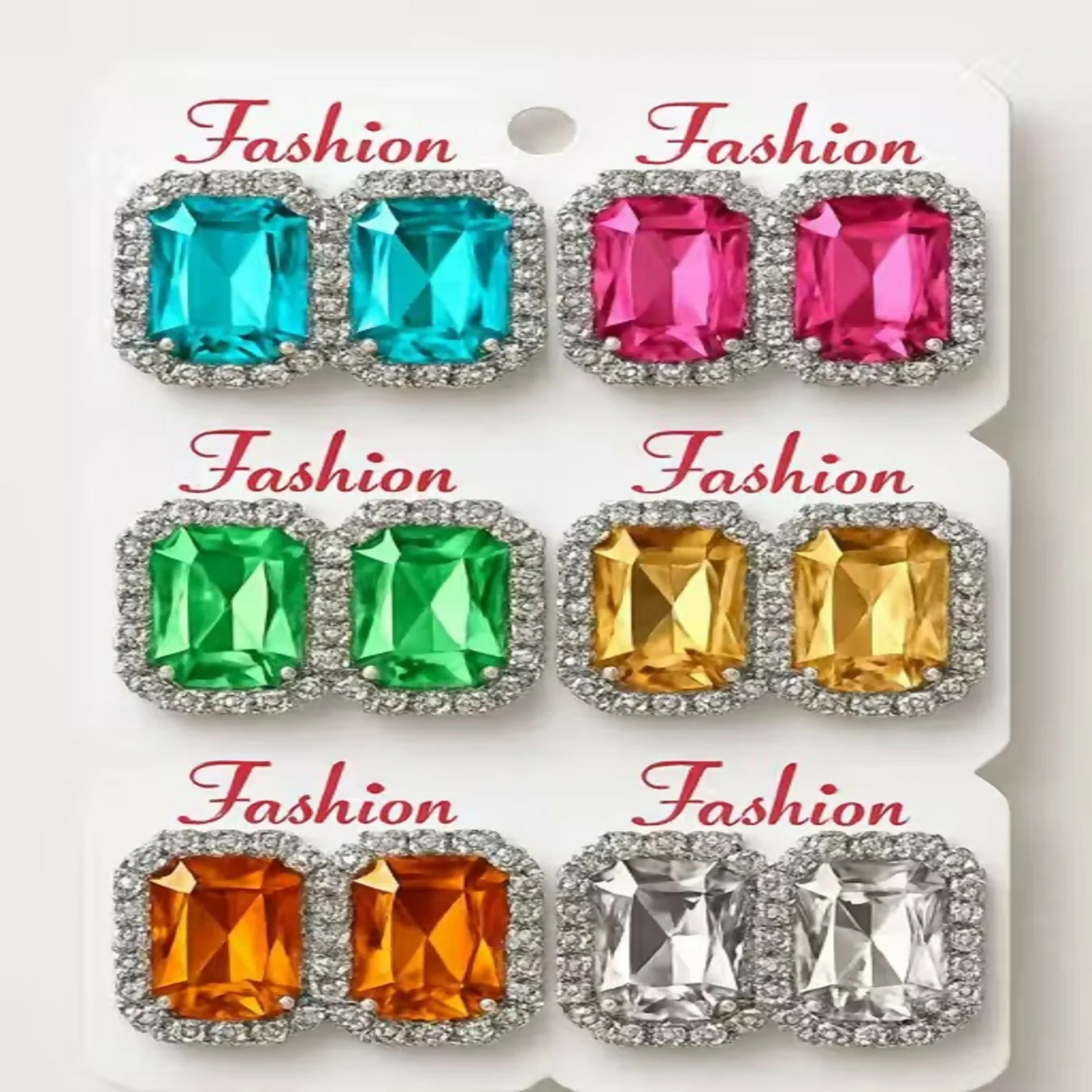 Emerald Cut Crystal Stud Earring Set – 12-Pair Multi-Color Collection - Image 3