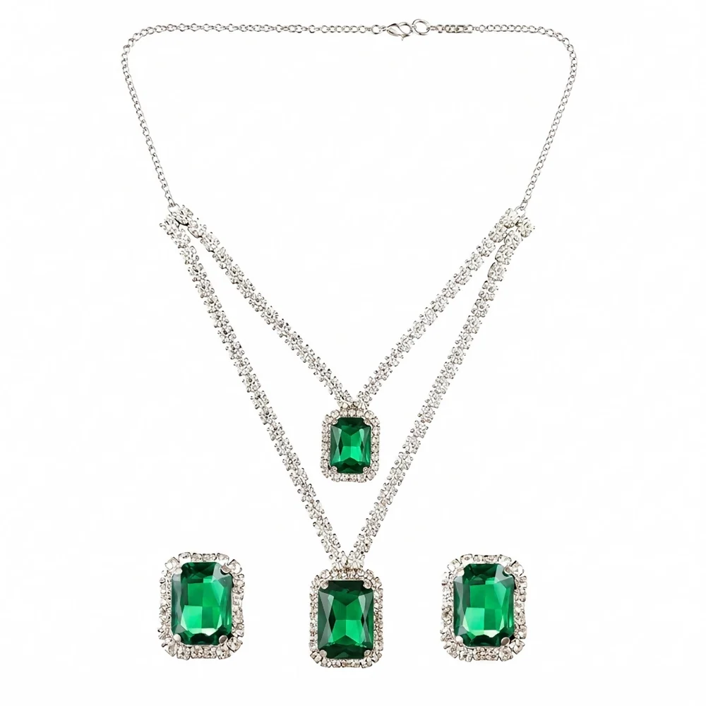 Emerald Luxe Double Layer Necklace Set with Crystal Stud Earrings for Women - Image 3