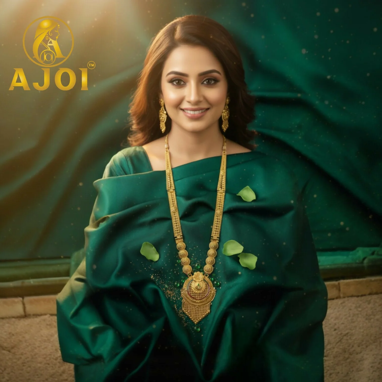 Emerald Radiance Long Necklace Set – Elegant Gold Finish - Image 2