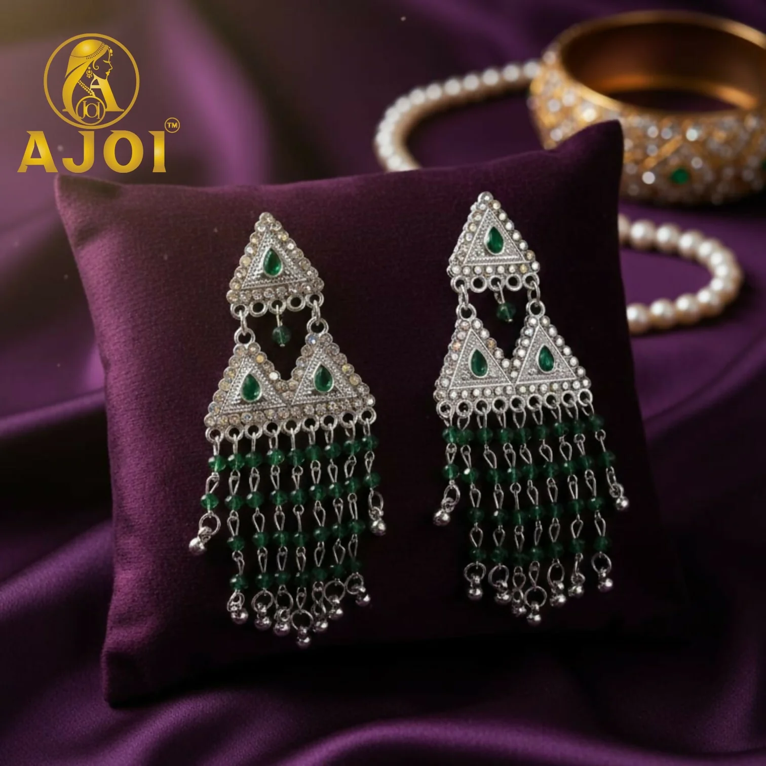 Silver-Tone Triangle Statement Earrings with Emerald Bead Tassels - Image 3