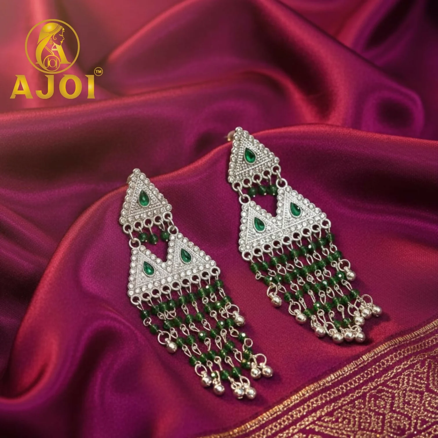 Silver-Tone Triangle Statement Earrings with Emerald Bead Tassels - Image 4