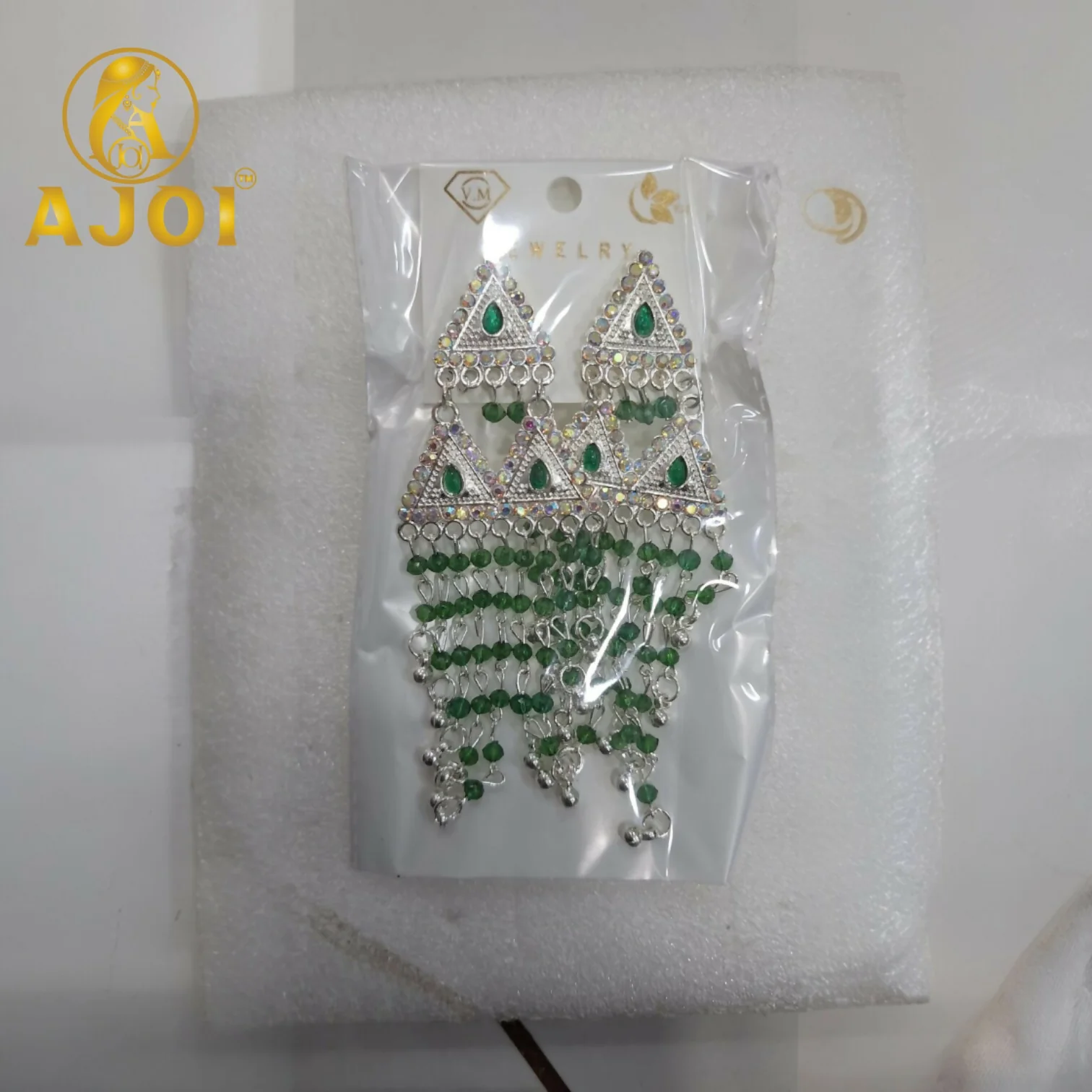 Silver-Tone Triangle Statement Earrings with Emerald Bead Tassels - Image 5