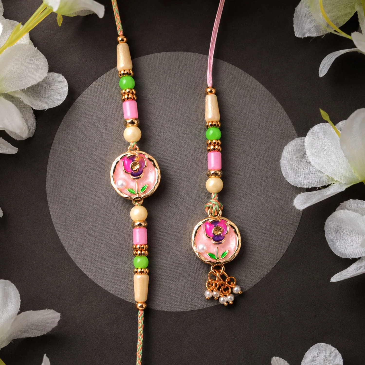 Bhaiya Bhabhi Rakhi – Elegant Enamel Floral Pearl Design for Rakshabandhan - Image 4