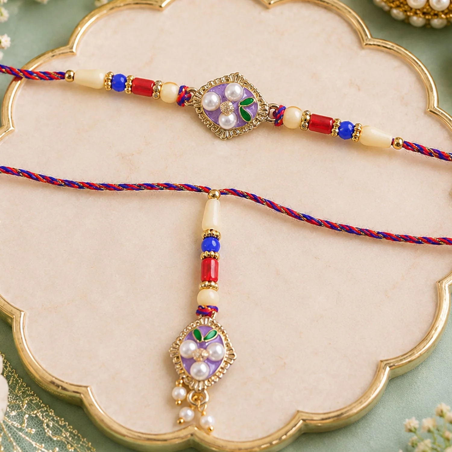 Enamel Pearl Stone Diamond Charm Rakhi – Elegant Festive Accessory - Image 2