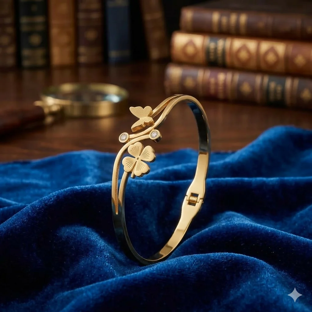 Eternal Bloom Botanical Kada Bracelet – Elegant Gold-Tone Design