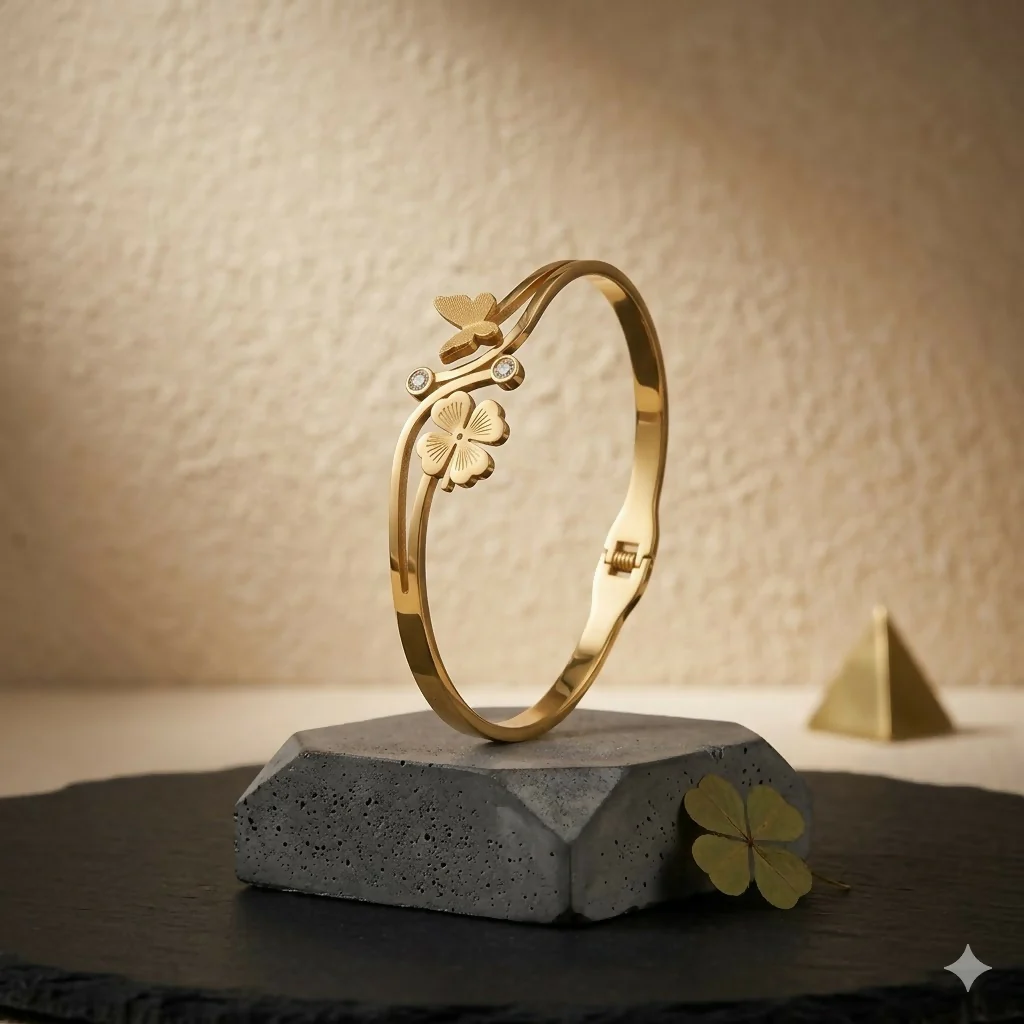 Eternal Bloom Botanical Kada Bracelet – Elegant Gold-Tone Design - Image 2