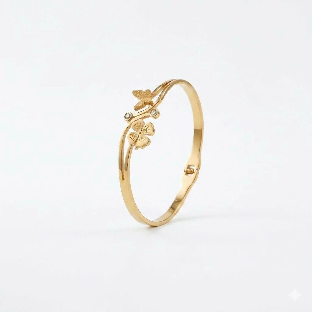 Eternal Bloom Botanical Kada Bracelet – Elegant Gold-Tone Design - Image 3