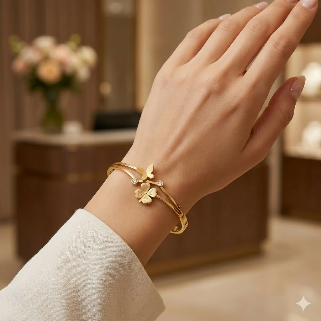 Eternal Bloom Botanical Kada Bracelet – Elegant Gold-Tone Design - Image 4