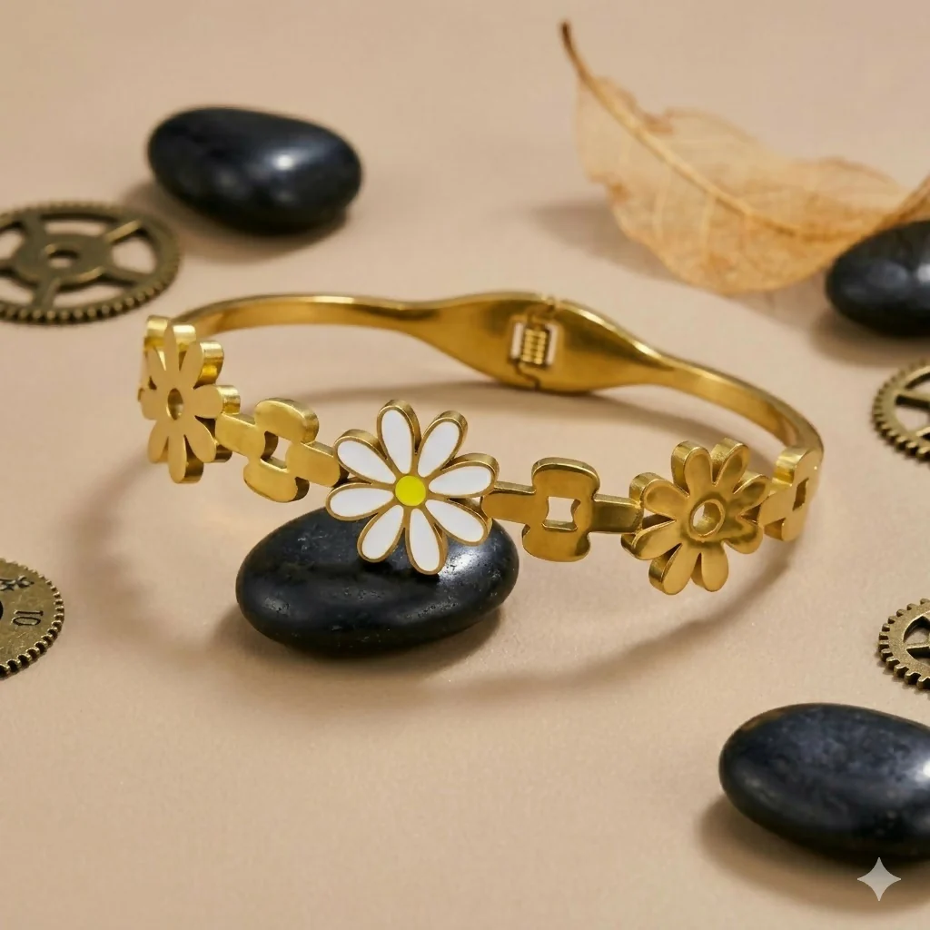 Eternal Bloom Botanical Kada Bracelet – Elegant Gold-Tone Design - Image 2