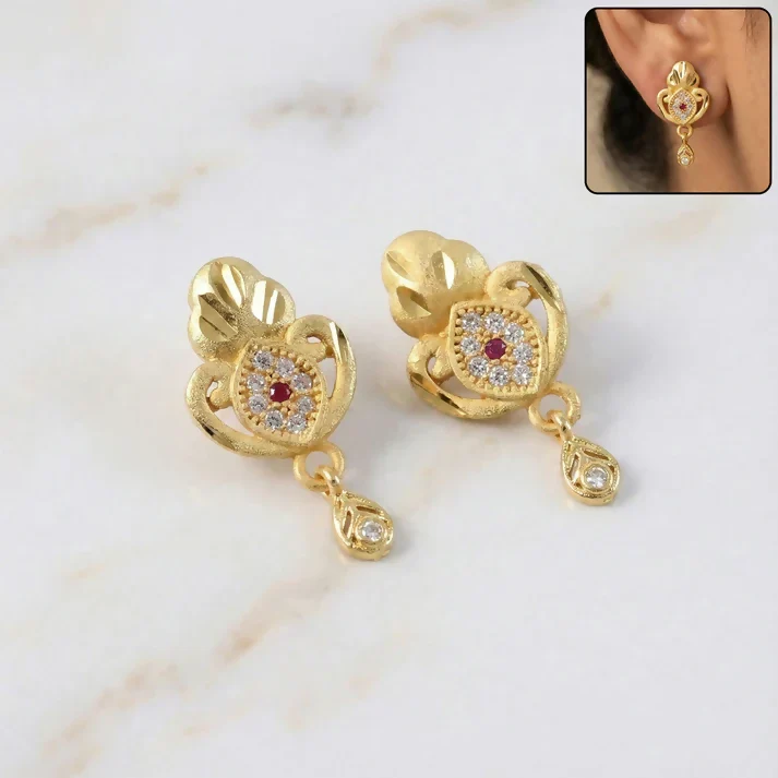 Gold Stud Earrings with Ethnic Floral Motif and Elegant Drop - Image 2