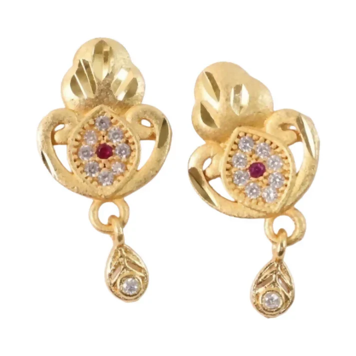 Gold Stud Earrings with Ethnic Floral Motif and Elegant Drop - Image 4